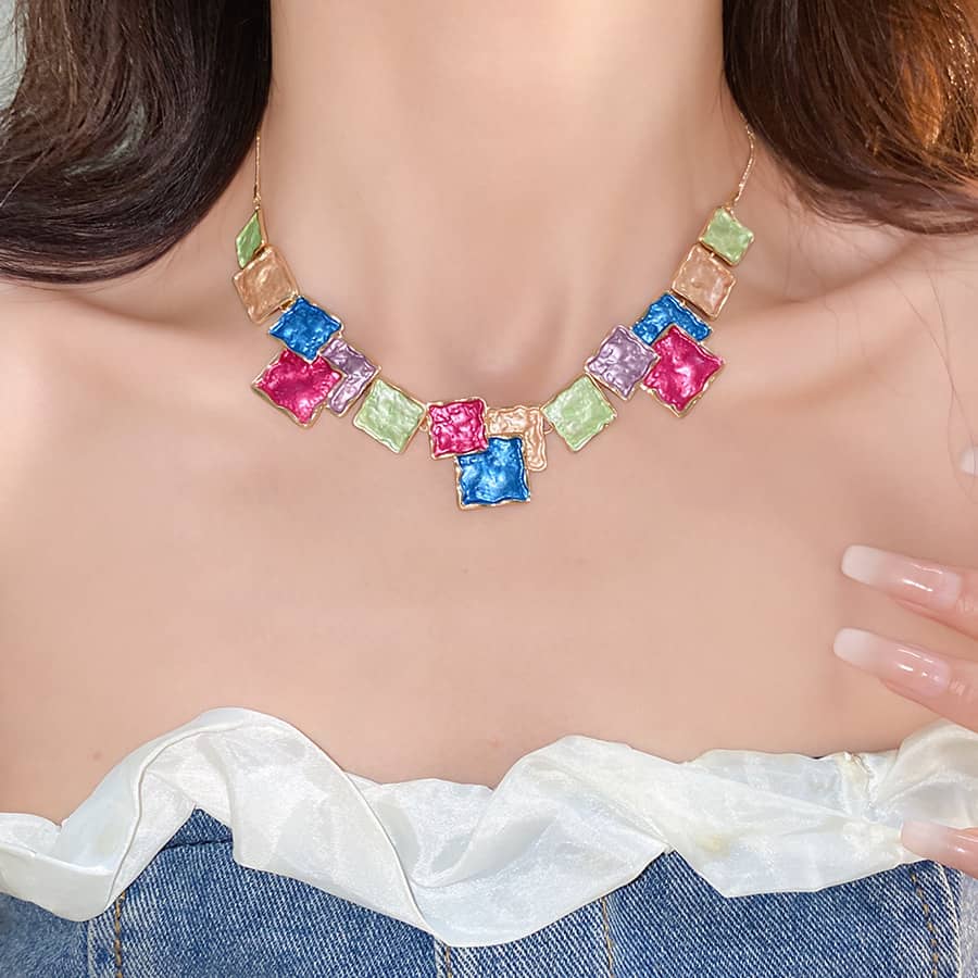 Color blocked asymmetrical necklace by 5 Senses featuring vibrant geometric shapes for a stylish accessory