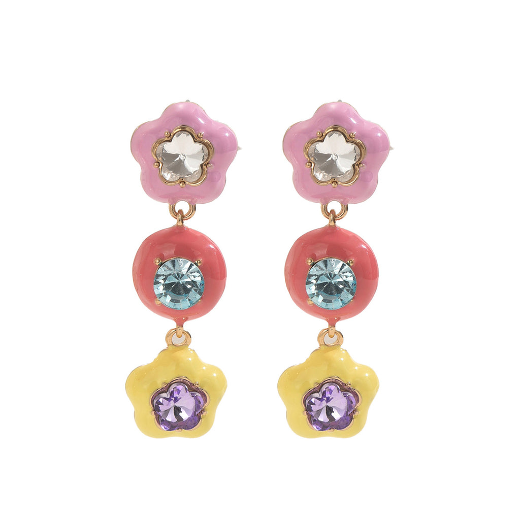 star shaped colorful earrings for women dangling trio of pink coral and yellow enamel with multicolor gems