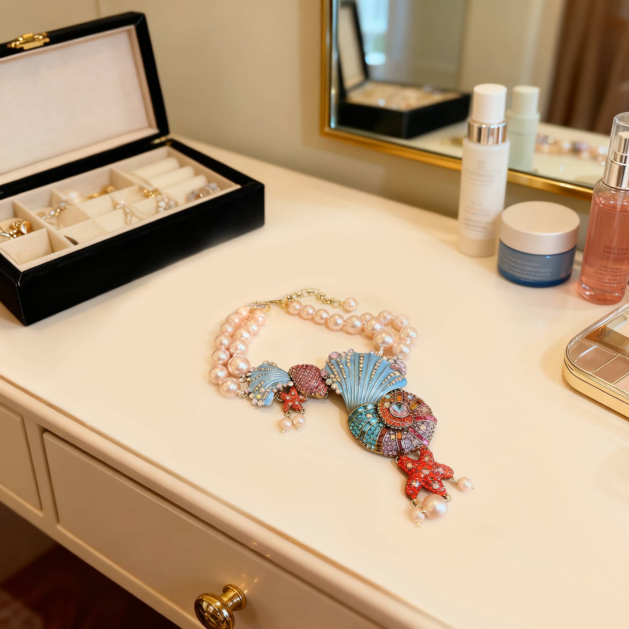 5 Senses conch and pearl necklace featuring colorful seashell design and pearl accents