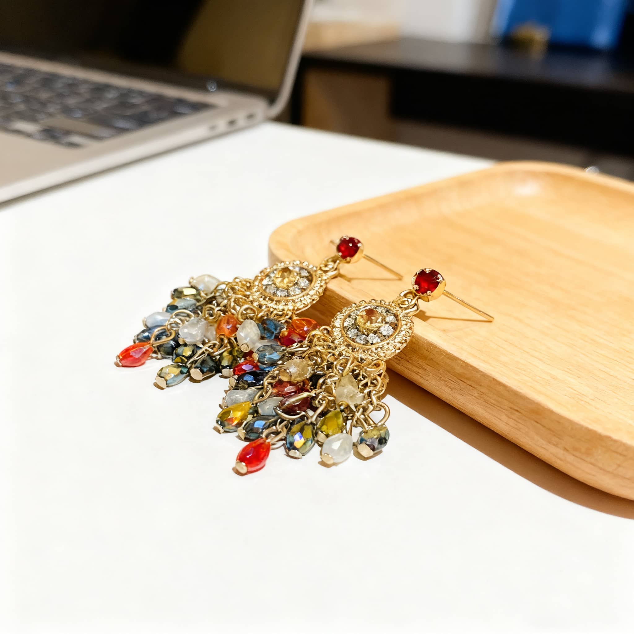 Colorful crystal fringe drop earrings with intricate design by 5 Senses for a stylish look