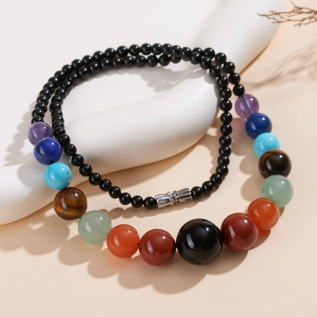 5 Senses crystal necklace for stress and self care featuring colorful healing stones and black beads
