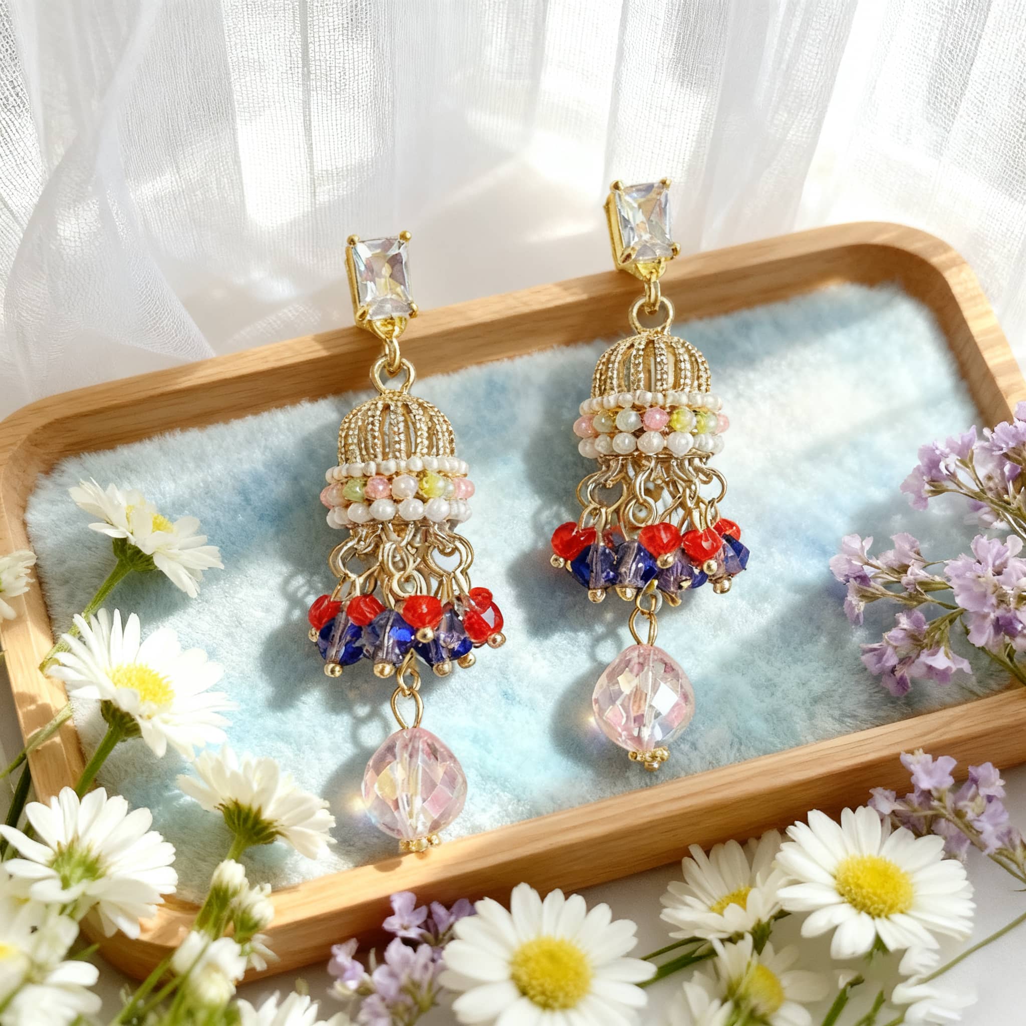 Elegant crystal wind chime earrings featuring colorful beads and dangling gems for a vibrant look