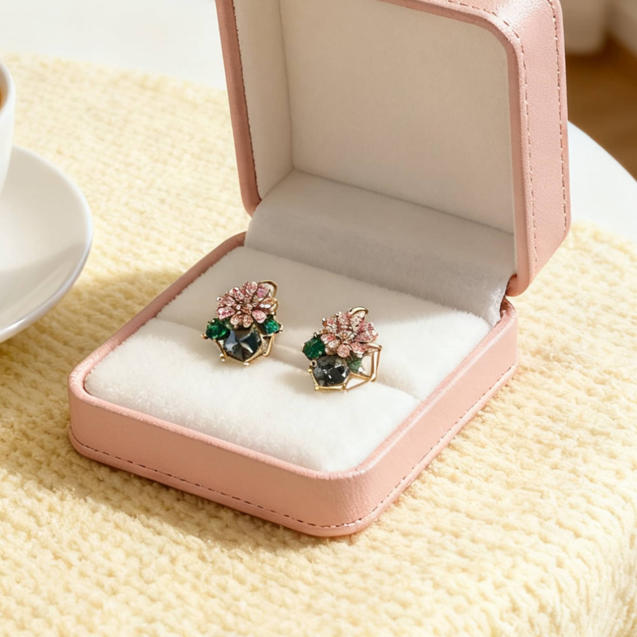 Daisy zircon stud earrings in a pink gift box with elegant flower design and sparkling stones