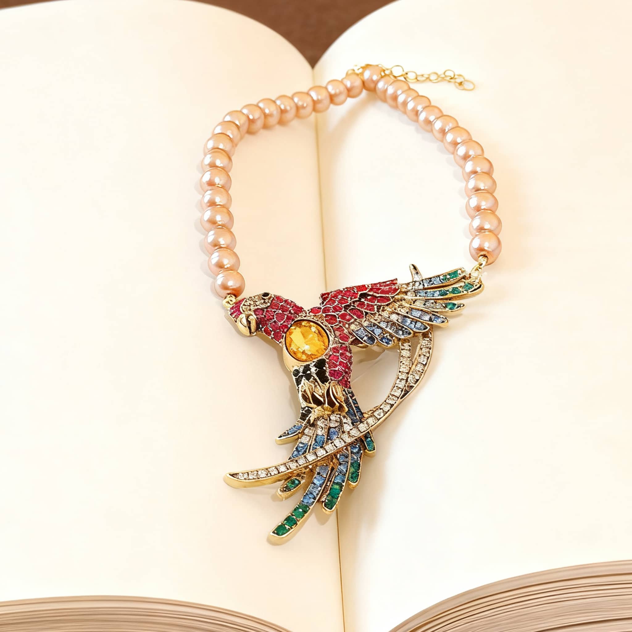 Joy Necklace featuring a colorful bird design with diamond accent bird jewelry for a unique statement piece
