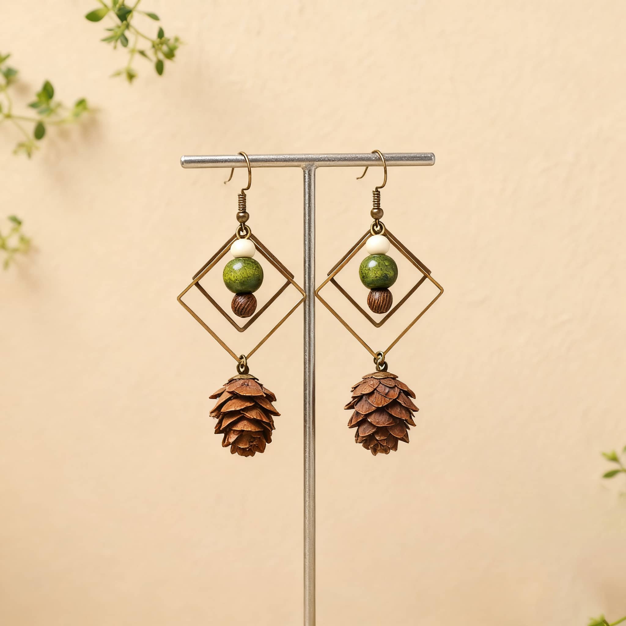 Unique double rhombus statement earrings featuring natural elements and earthy tones