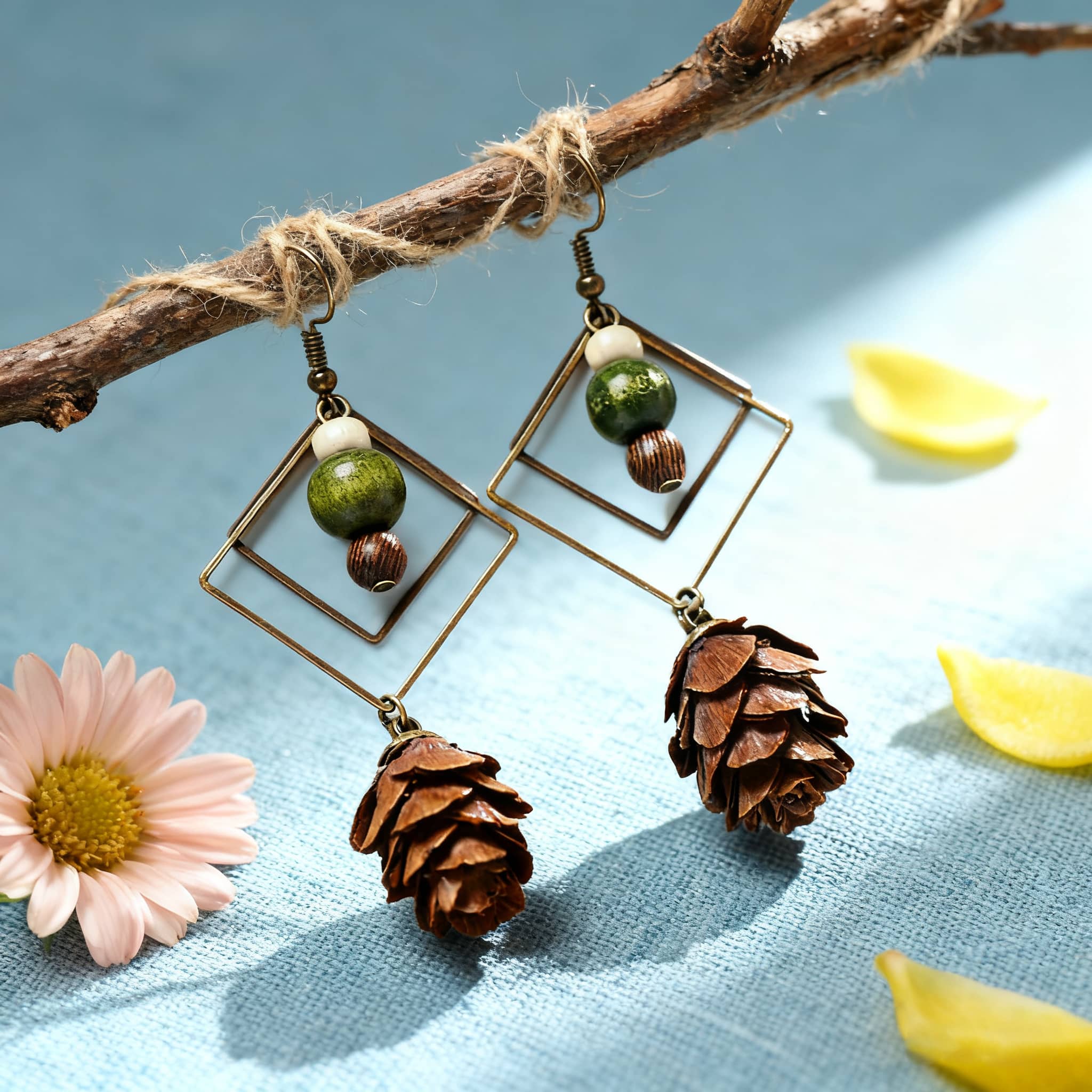 Unique double rhombus statement earrings with natural pine cone and bead accents