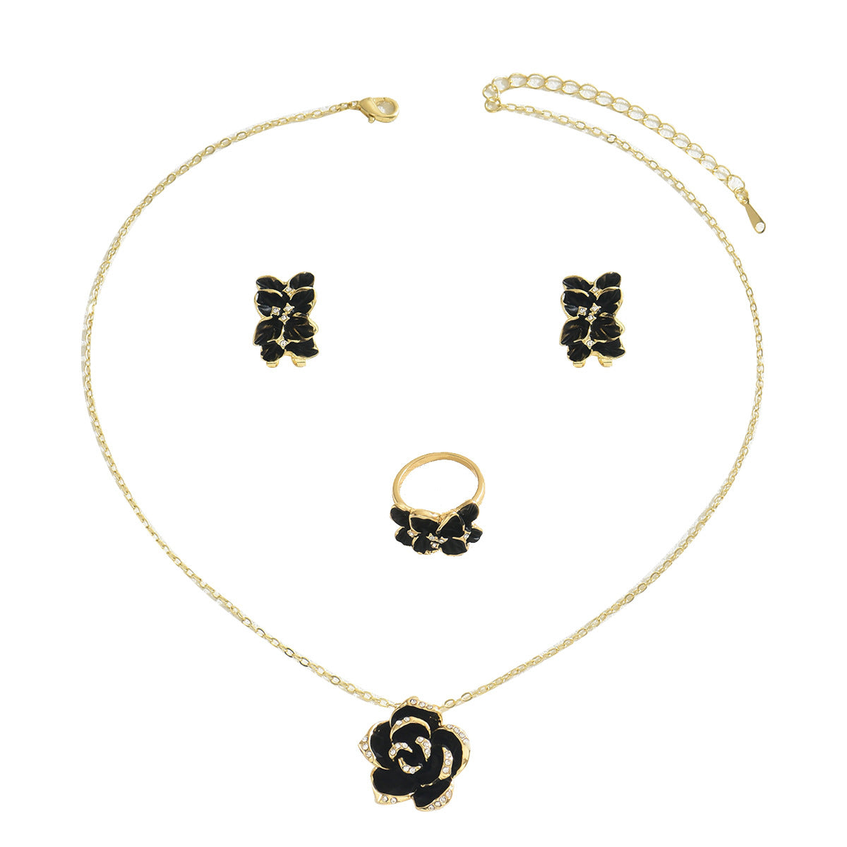 Gold plated black rose jewelry set with pendant necklace matching earrings and ring