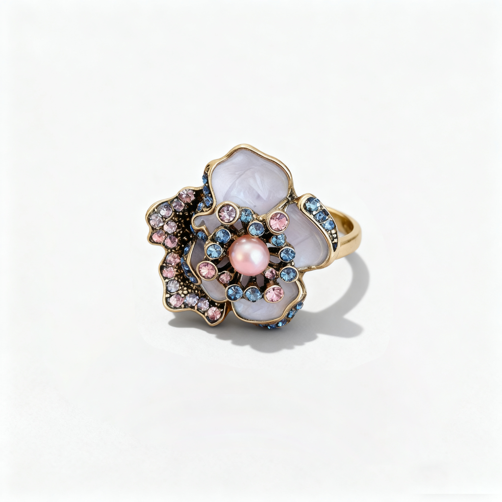 Stunning enamel flower ring with pearl center featuring colorful gemstone accents