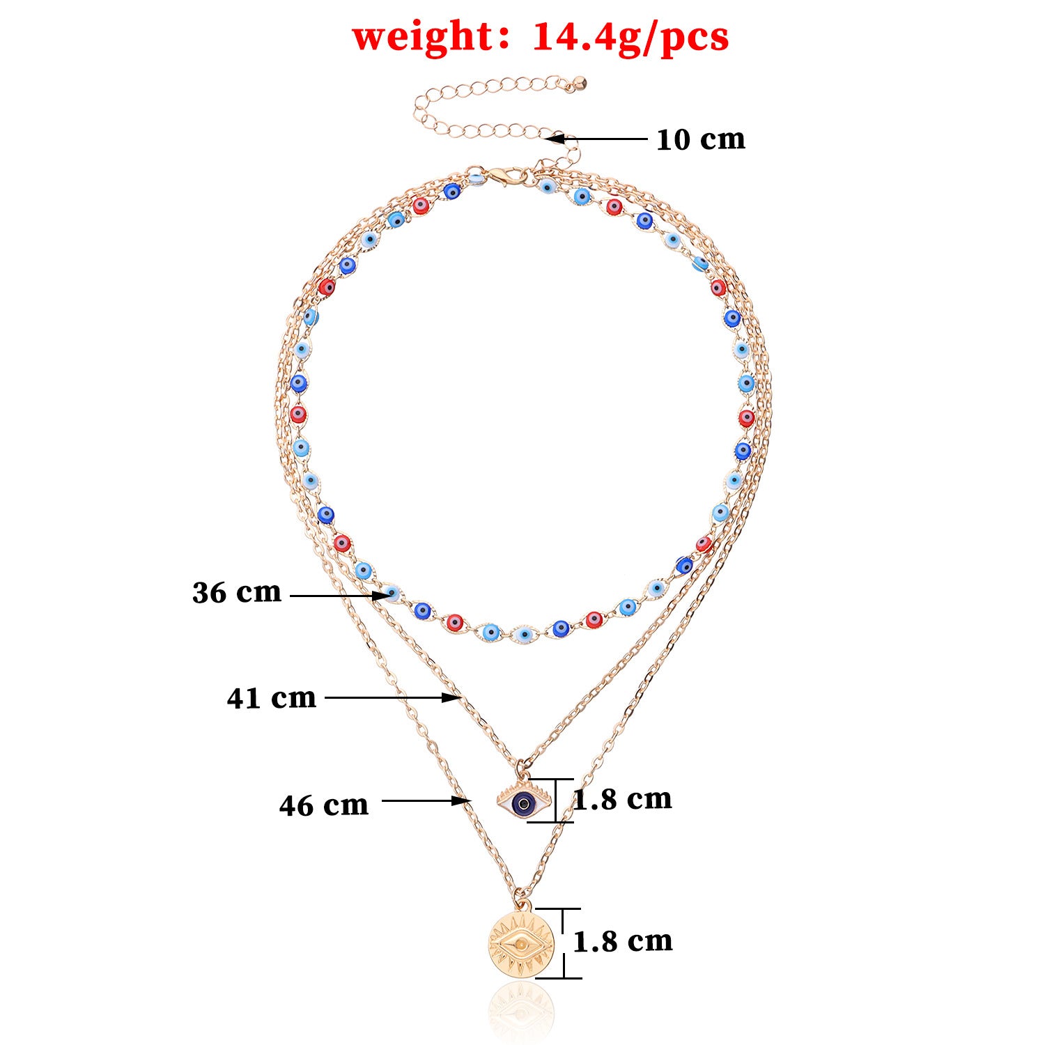 Layered evil eye necklace for anxiety with multicolor beads and gold pendants measuring 46 cm length