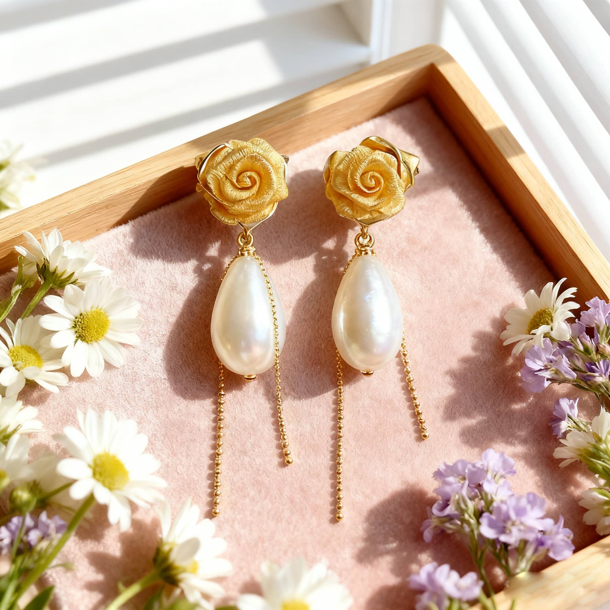 5 Senses fabric floral statement earrings with golden rose design and pearl drop accents