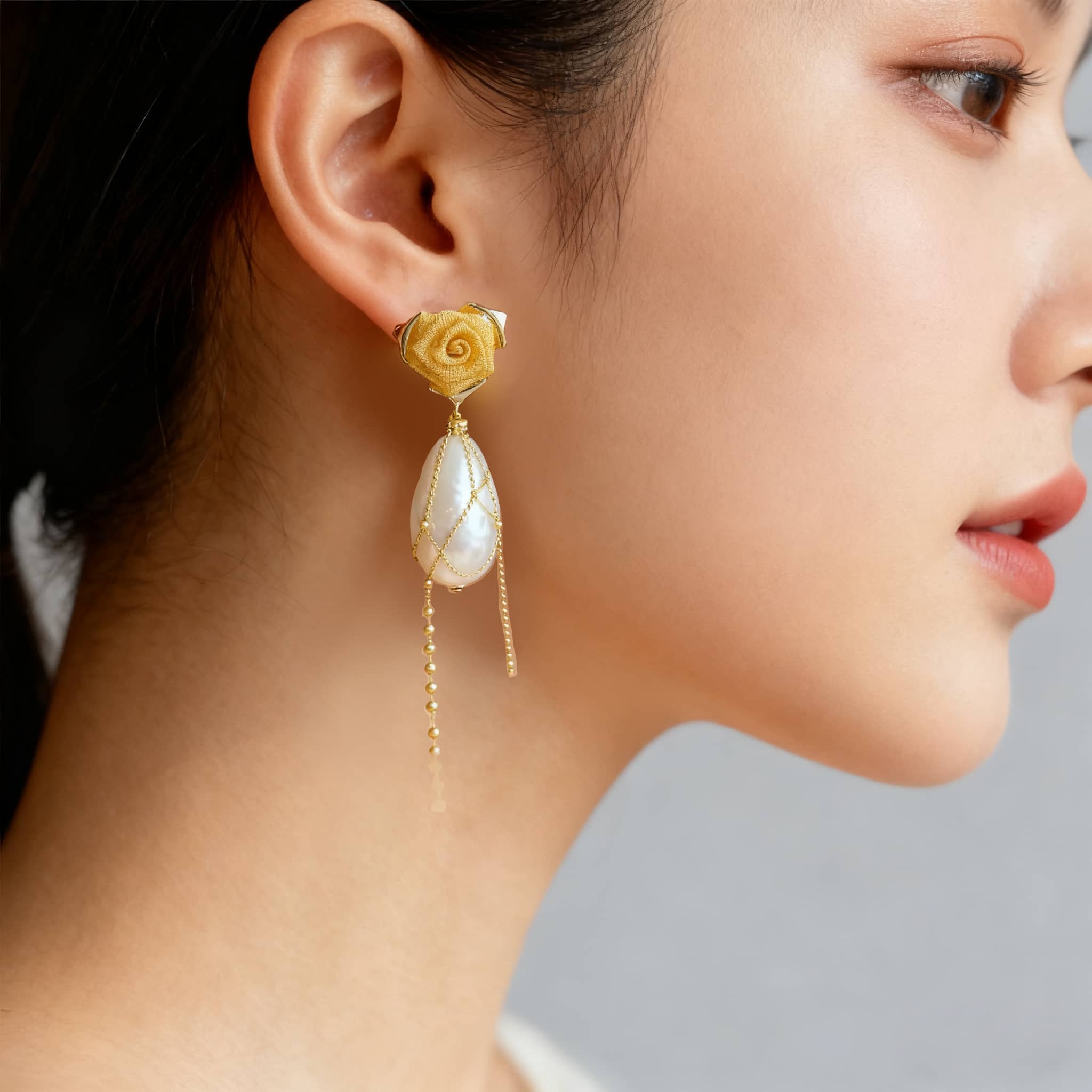 Elegant fabric floral statement earrings with yellow rose design and pearl drop for stylish looks