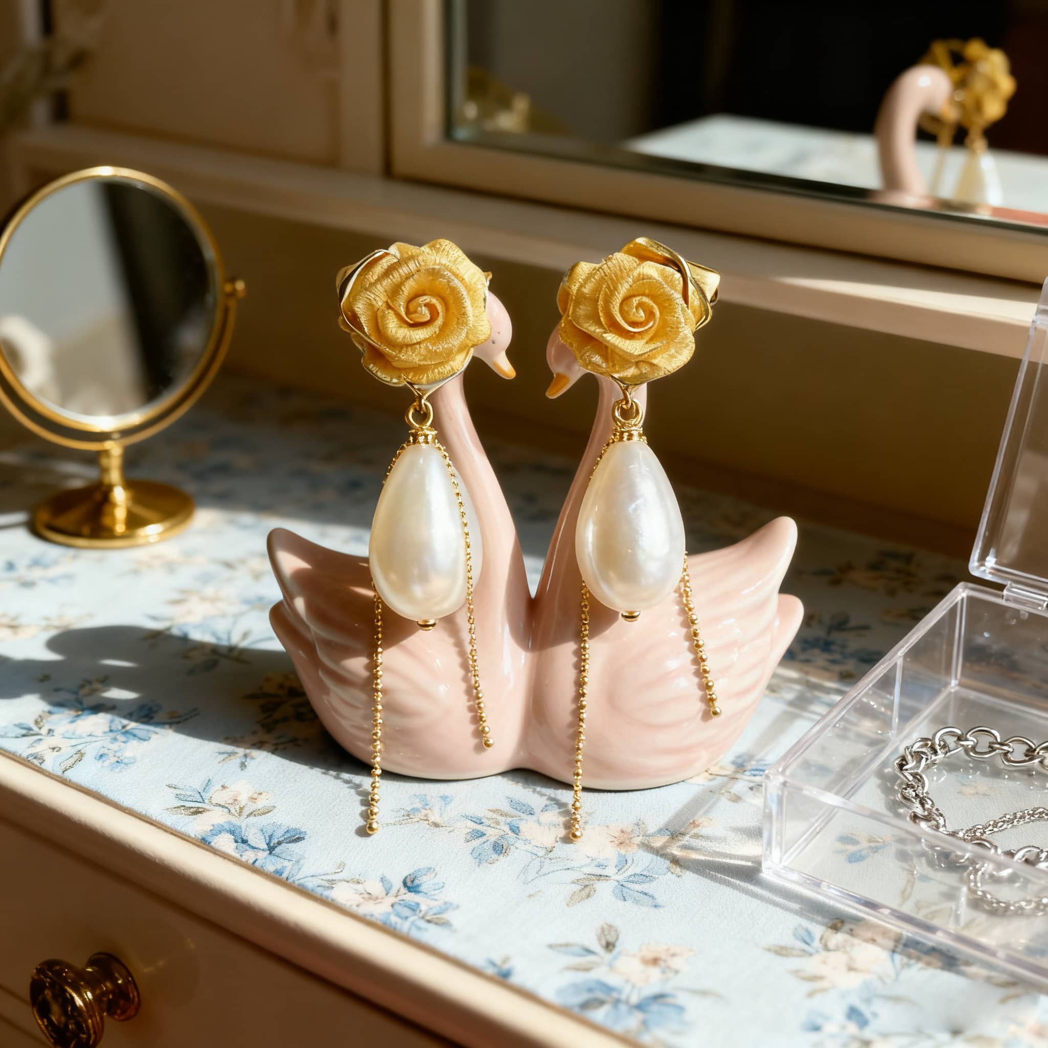 Elegant fabric floral statement earrings with gold rose design and pearl drops displayed on a decorative swan figurine