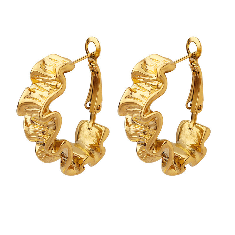 Fierce gold pleated earrings for women with textured wave design and hinged clasp closure