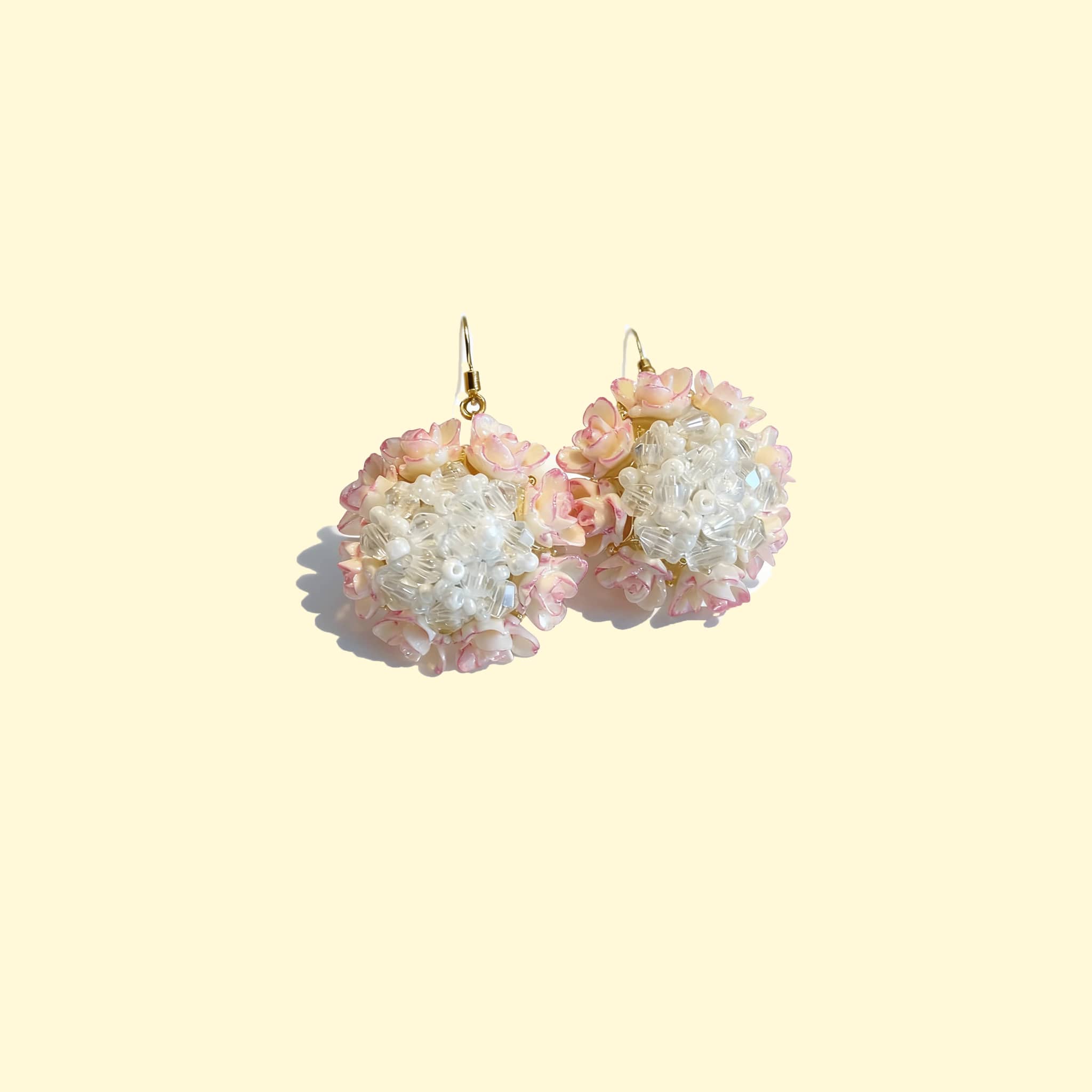 Charming floral bead stud earrings featuring soft pink and white floral designs for a delicate look