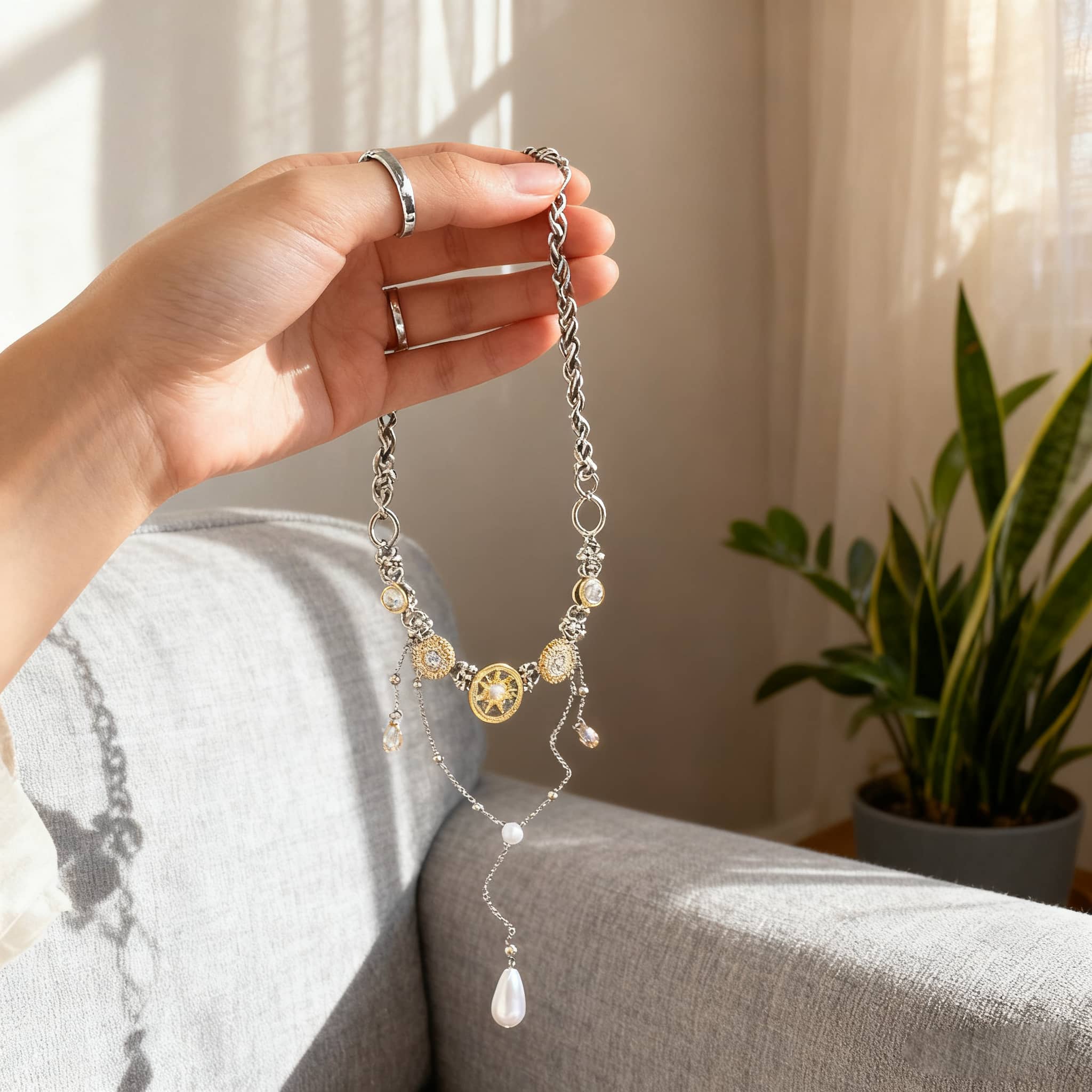 Floral pearl pendant necklace featuring a delicate design with shimmering beads and gold accents