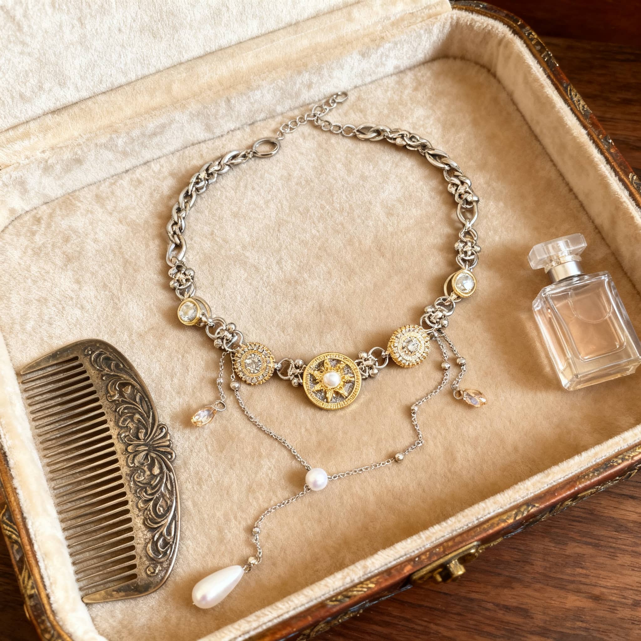 5 Senses floral pearl pendant necklace displayed in a vintage jewelry box with a comb and perfume bottle