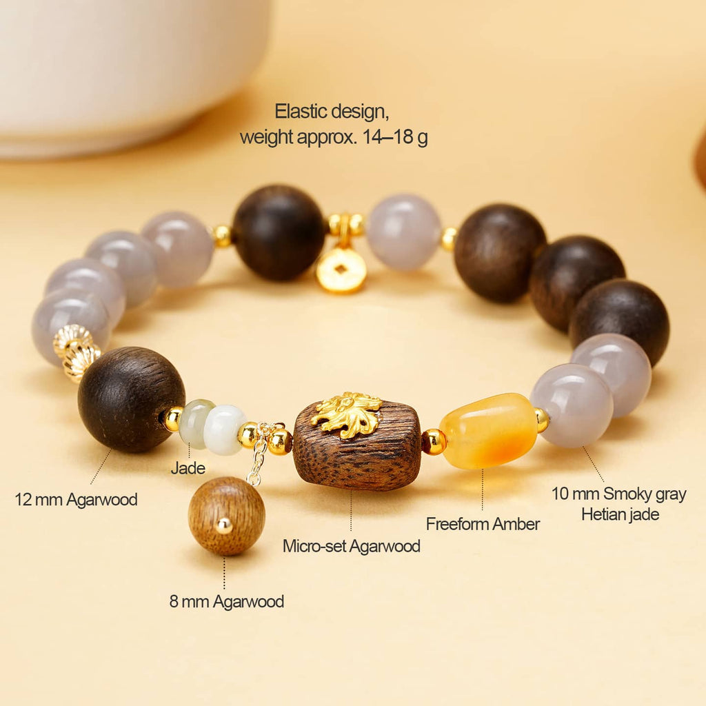 Calm — Quiet Stone · Natural Smoky Hetian Jade & Sandalwood Bracelet