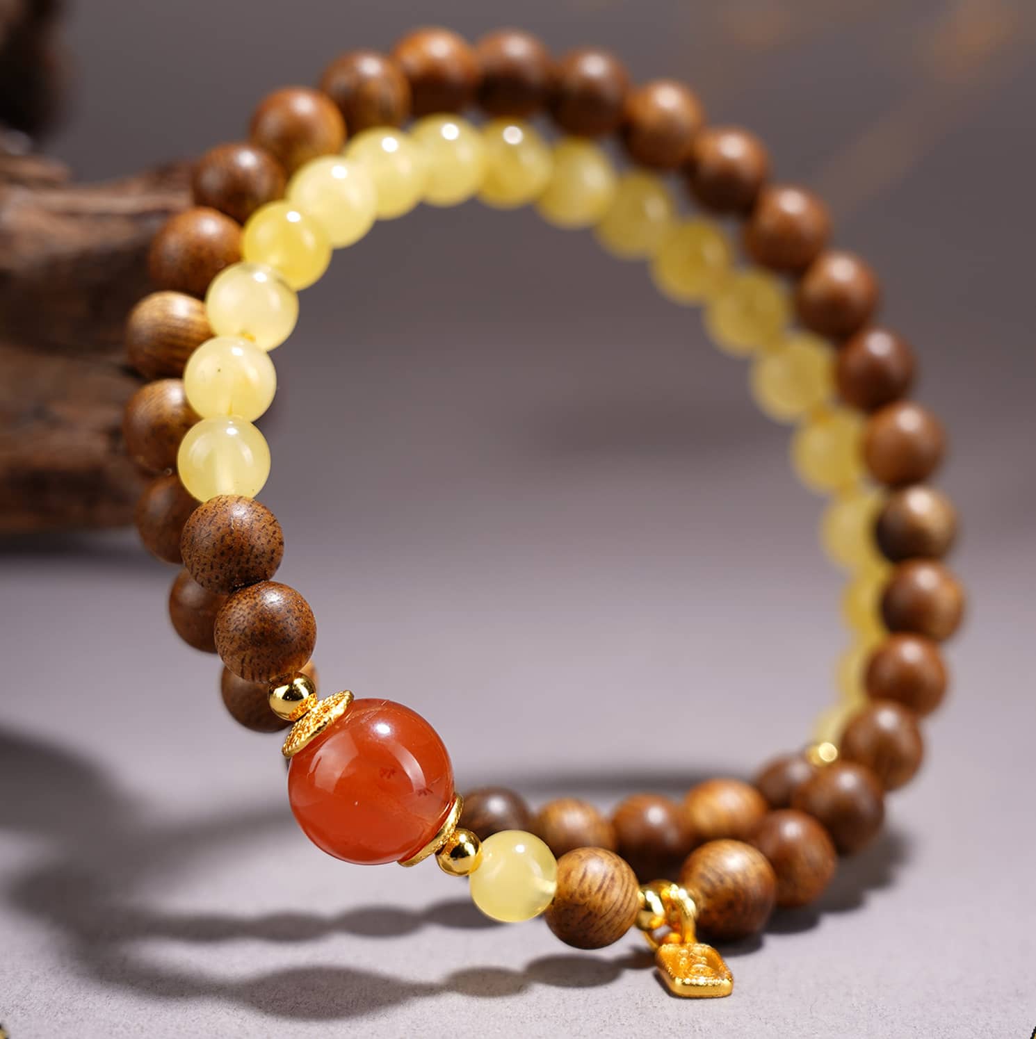 Calm — Gentle Waves · Sandalwood, Amber & Red Agate Double-Wrap Bracelet