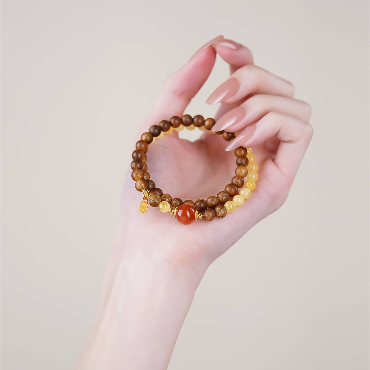 Calm — Gentle Waves · Sandalwood, Amber & Red Agate Double-Wrap Bracelet