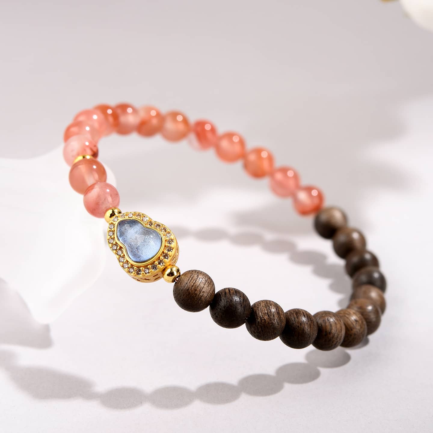 Calm — Flowing Harmony · Natural Ice-Drift Red Agate & Sandalwood Gourd Bracelet