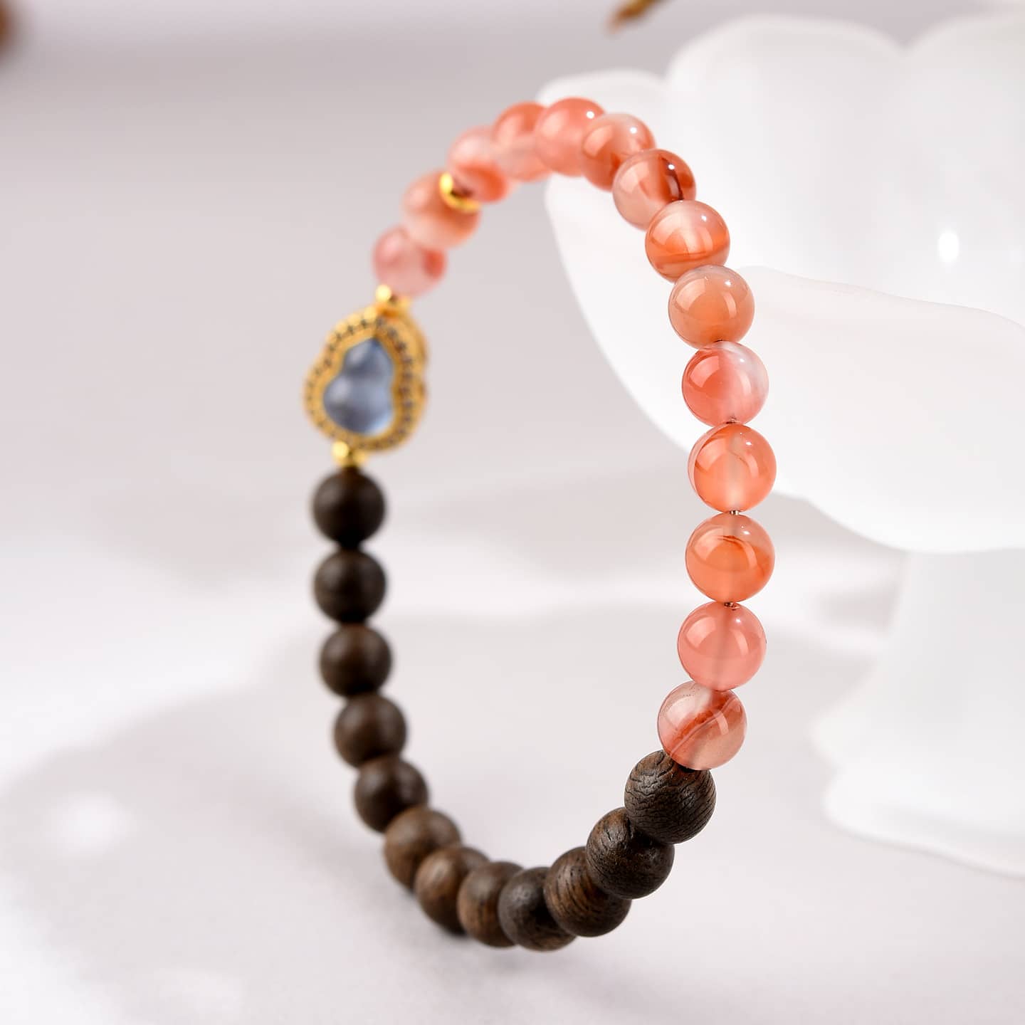 Calm — Flowing Harmony · Natural Ice-Drift Red Agate & Sandalwood Gourd Bracelet