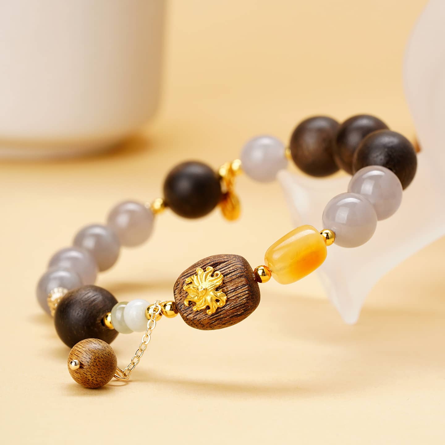 Calm — Quiet Stone · Natural Smoky Hetian Jade & Sandalwood Bracelet