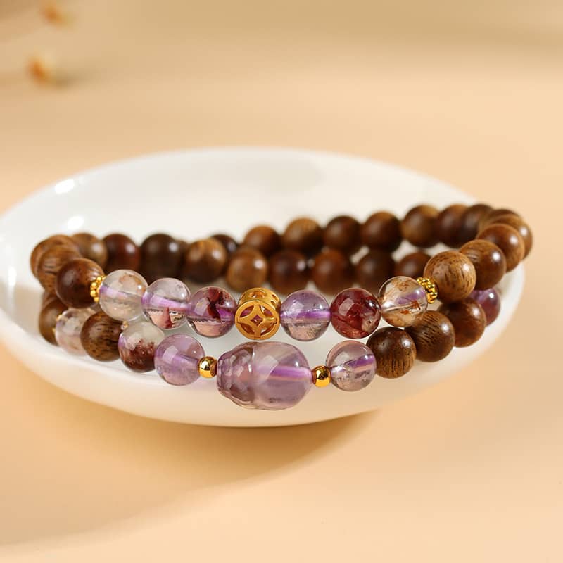 Calm — Gentle Guardian · Phantom Wood, Amethyst & Pixiu Double-Wrap Bracelet