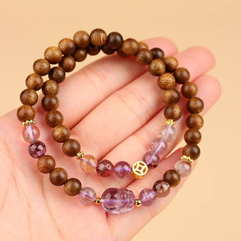 Calm — Gentle Guardian · Phantom Wood, Amethyst & Pixiu Double-Wrap Bracelet