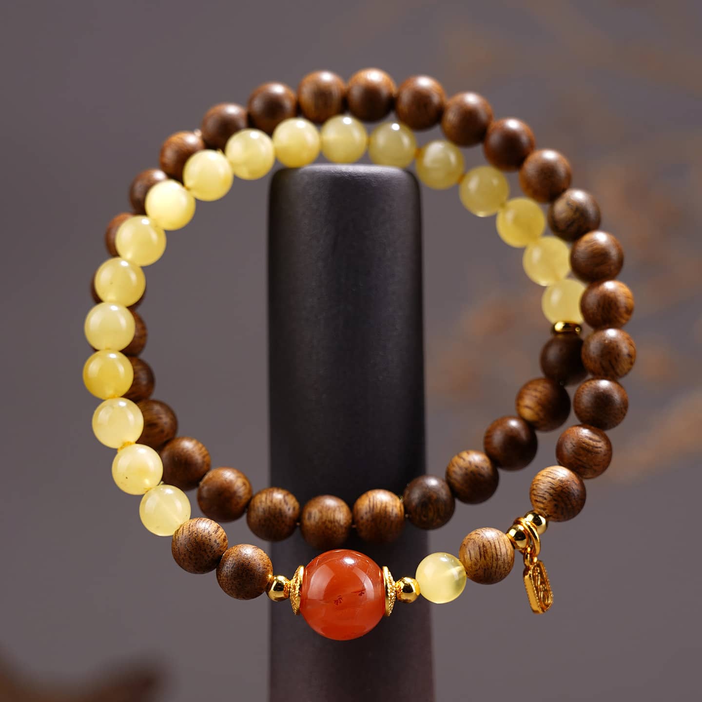 Calm — Gentle Waves · Sandalwood, Amber & Red Agate Double-Wrap Bracelet