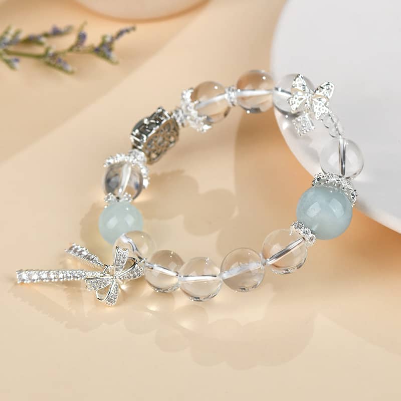 Anxious — Ocean Calm · Clear Quartz & Aquamarine Bow Bracelet