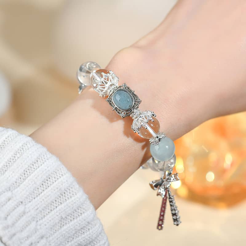 Anxious — Ocean Calm · Clear Quartz & Aquamarine Bow Bracelet