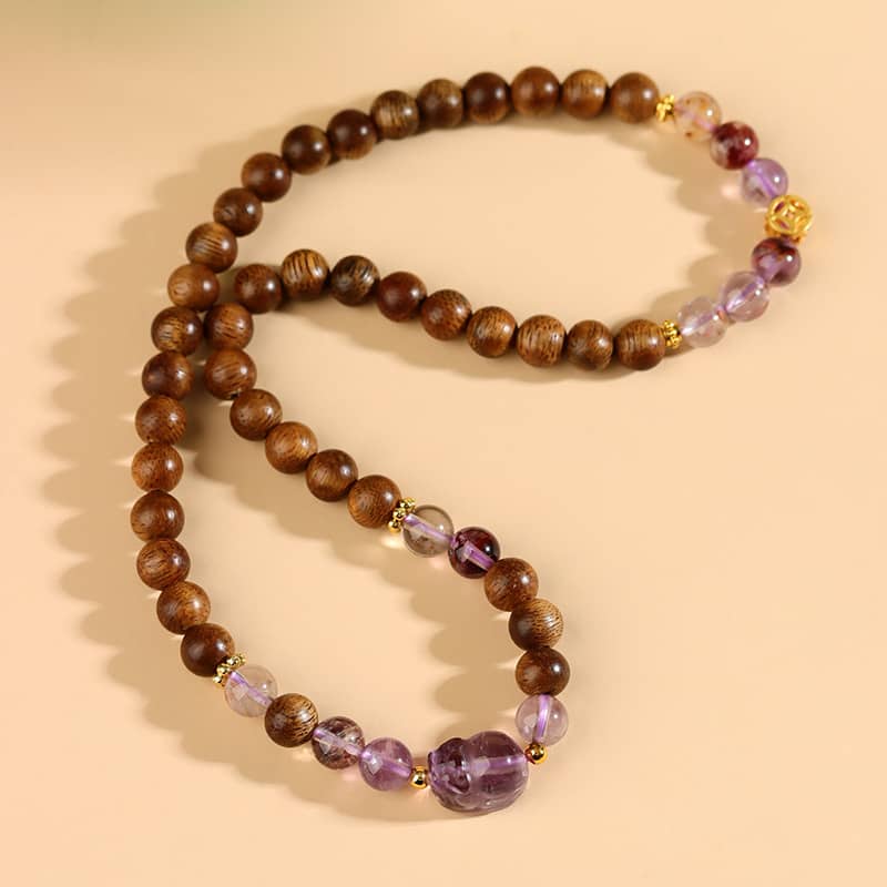 Calm — Gentle Guardian · Phantom Wood, Amethyst & Pixiu Double-Wrap Bracelet