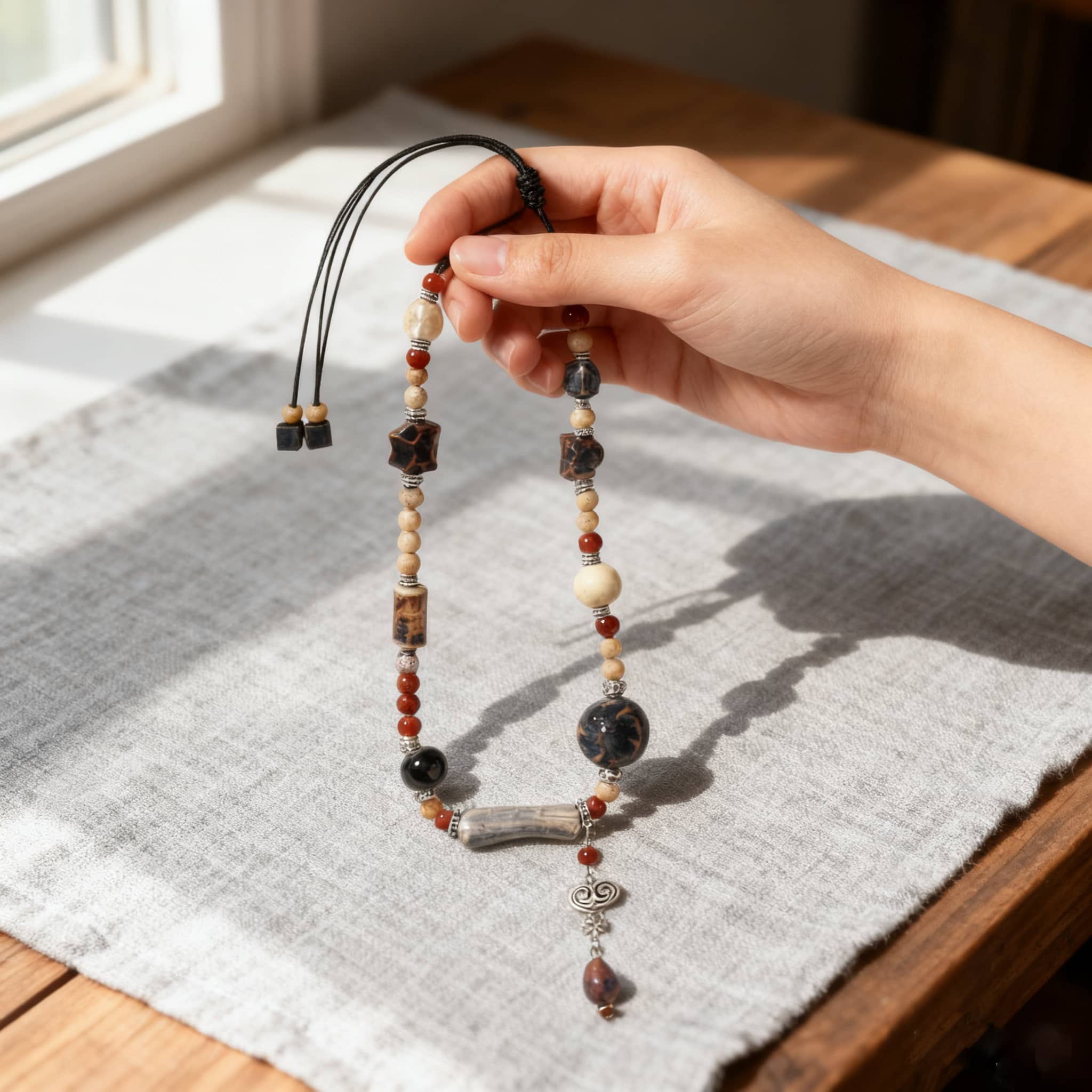 Hand holding an Insecure necklace featuring a lavender grey ceramic pendant and colorful beads