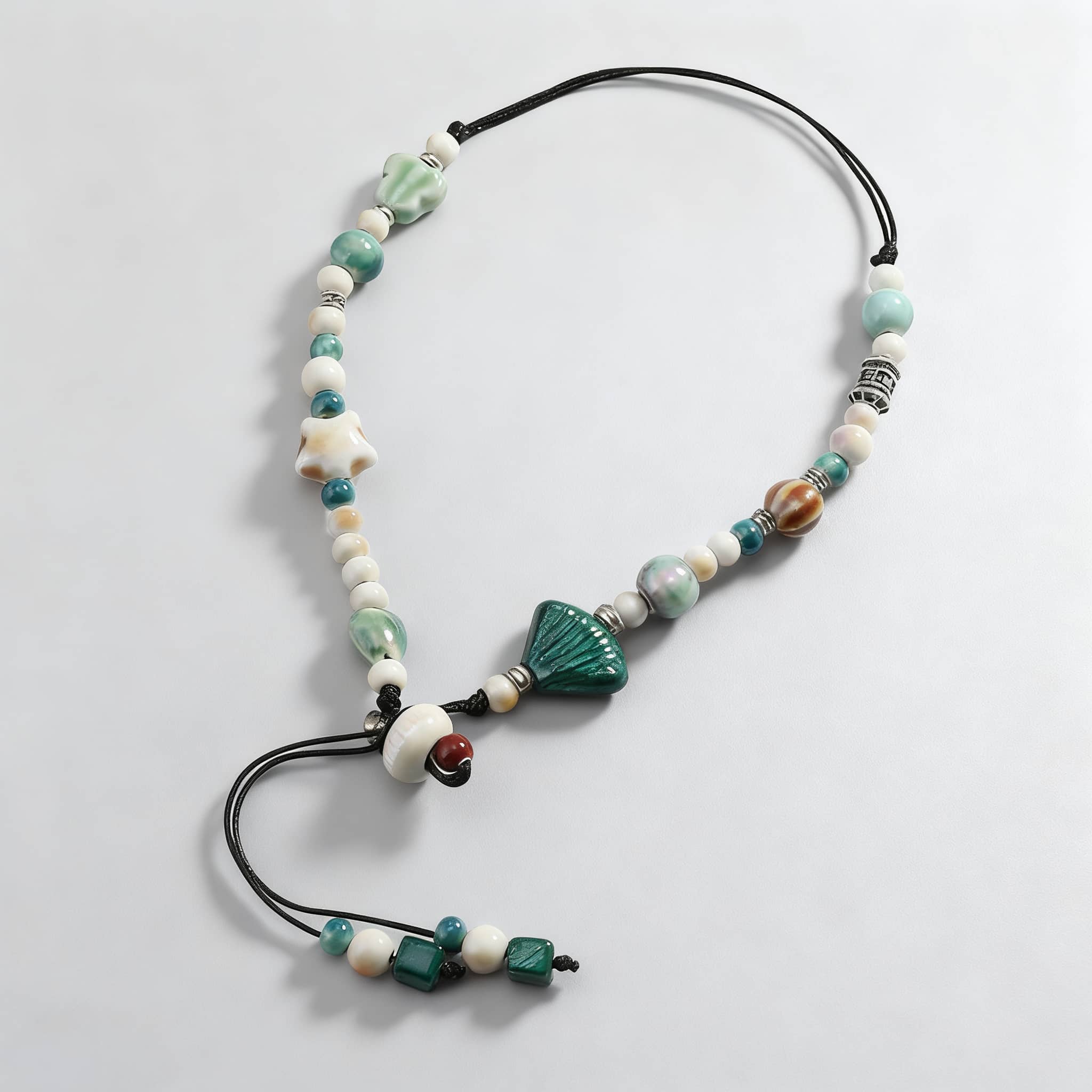 Unique ceramic scallop necklace featuring colorful beads and adjustable cord for a chic look