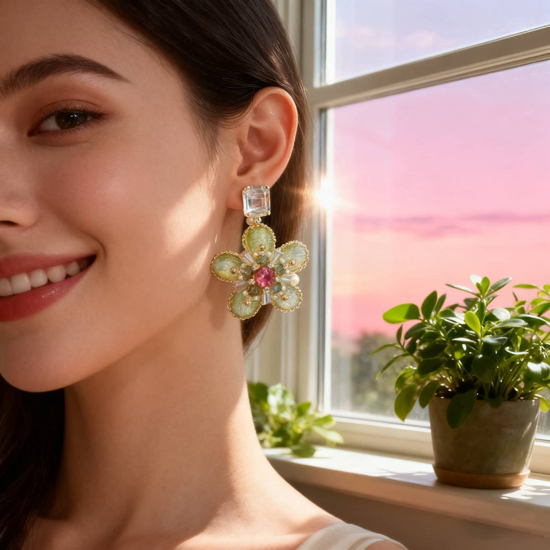 Woman wearing a floral earring with a sunset view through a window