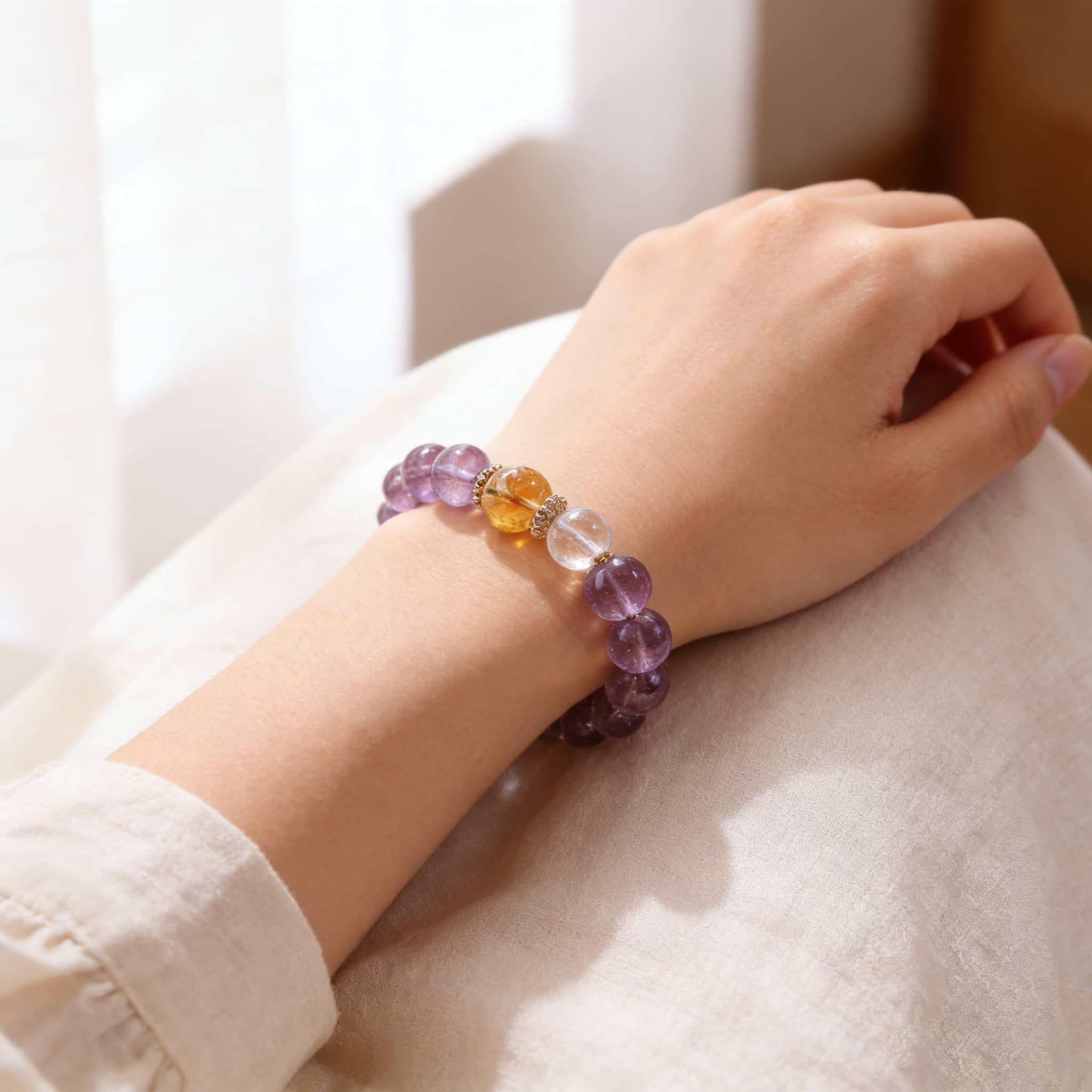 Anxious — Gentle Clarity · Amethyst, Yellow Topaz & Clear Quartz Bracelet