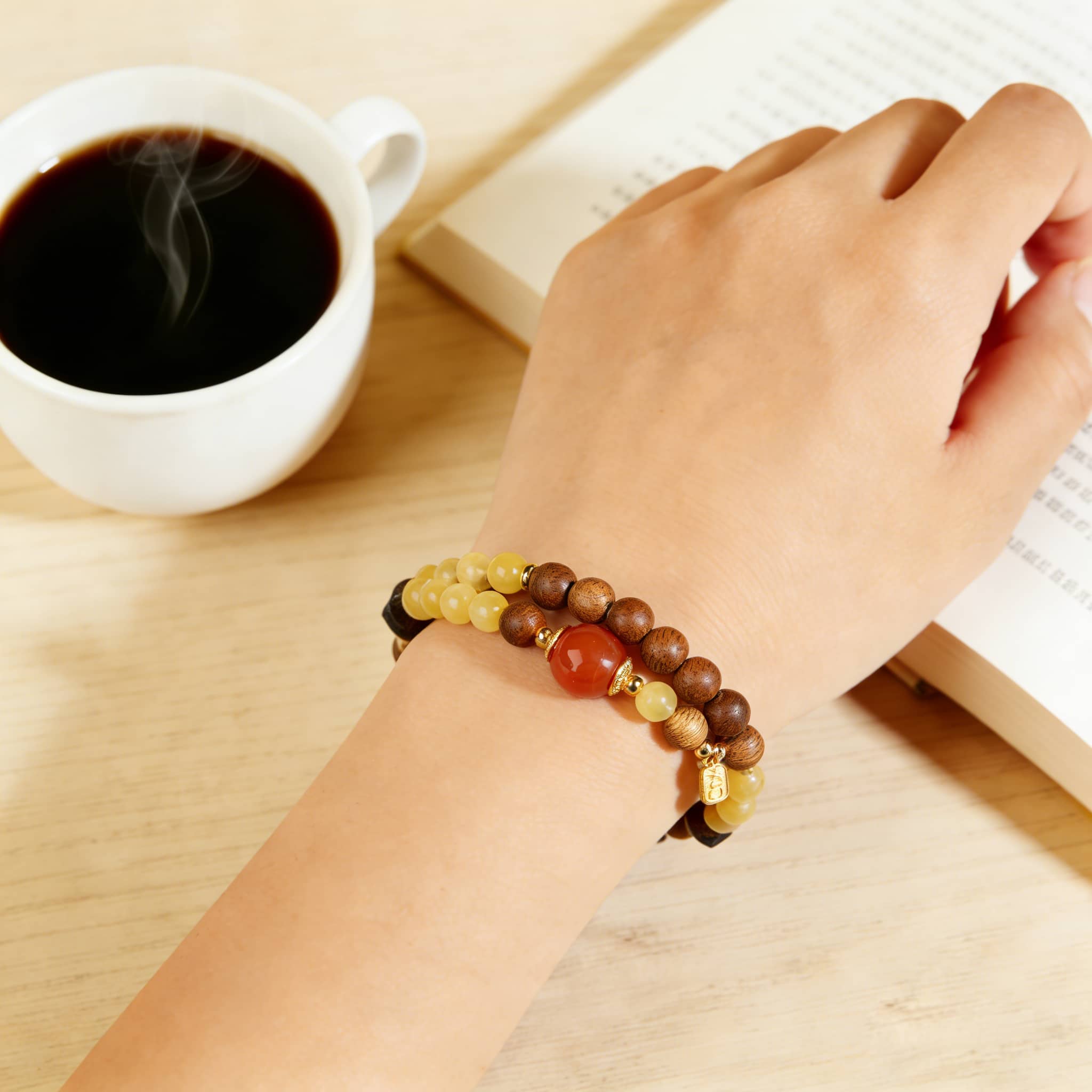 Calm — Gentle Waves · Sandalwood, Amber & Red Agate Double-Wrap Bracelet
