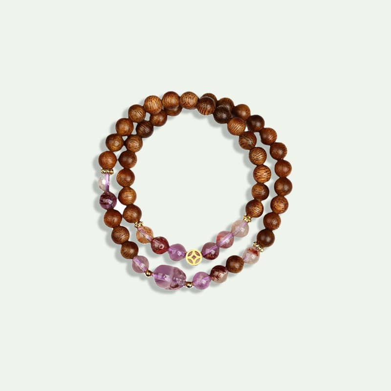 Calm — Gentle Guardian · Phantom Wood, Amethyst & Pixiu Double-Wrap Bracelet