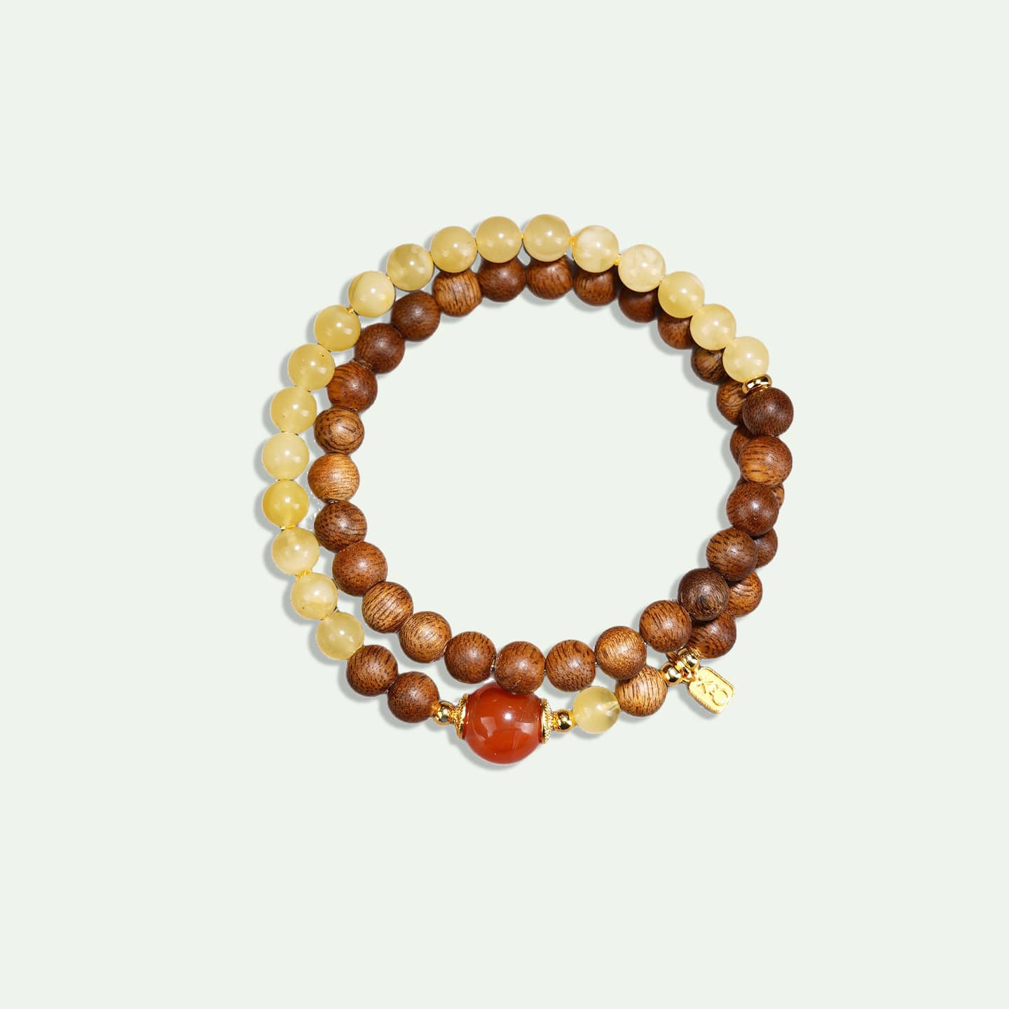 Calm — Gentle Waves · Sandalwood, Amber & Red Agate Double-Wrap Bracelet