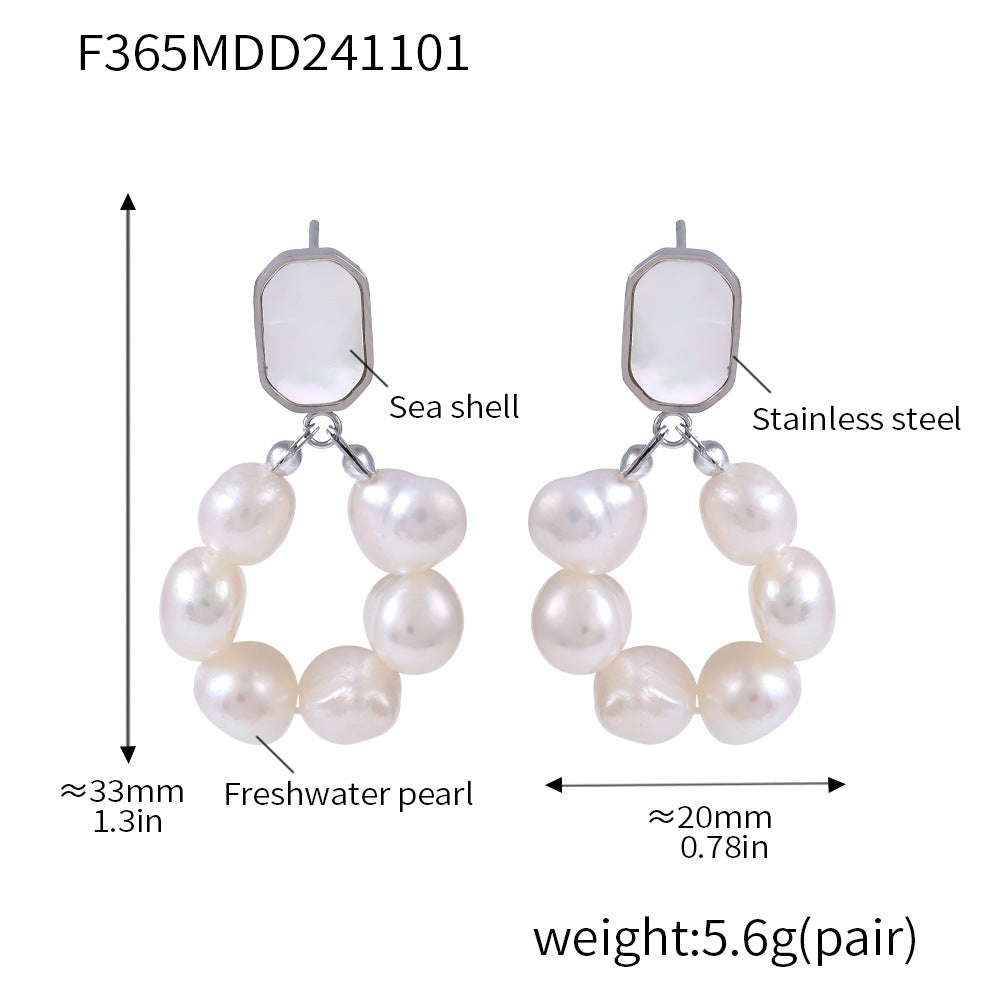Calm freshwater pearl hoop earrings with stainless steel and sea shell accents