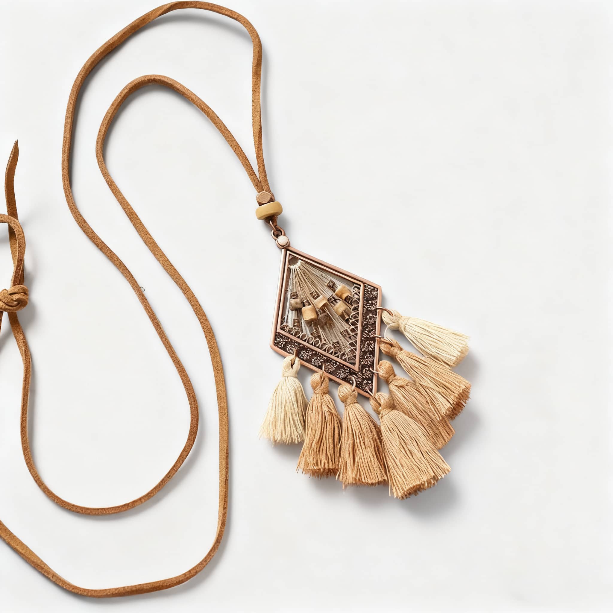 Fringe boho calming necklace with tassels and decorative pendant from 5 Senses
