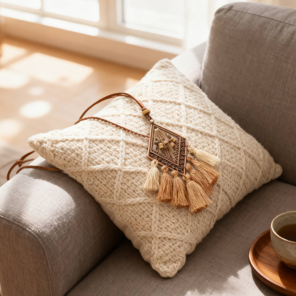 5 Senses fringe boho calming necklace with tassel details for a stylish touch