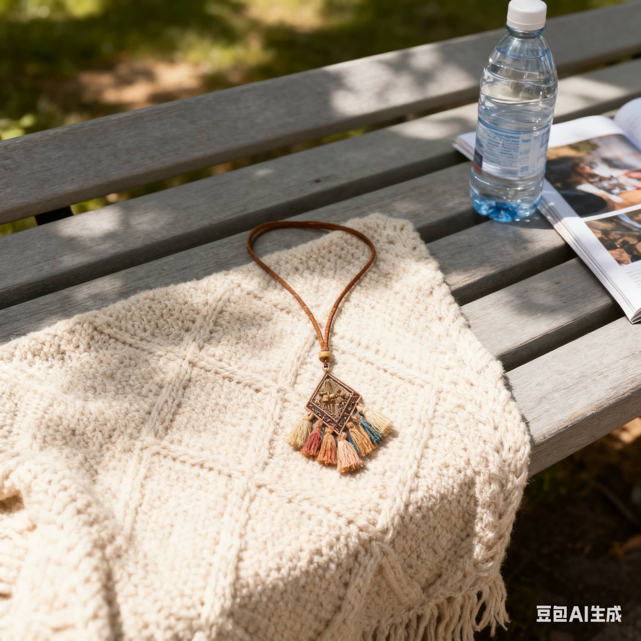 Fringe boho calming necklace from 5 Senses on a cozy knit blanket outdoors