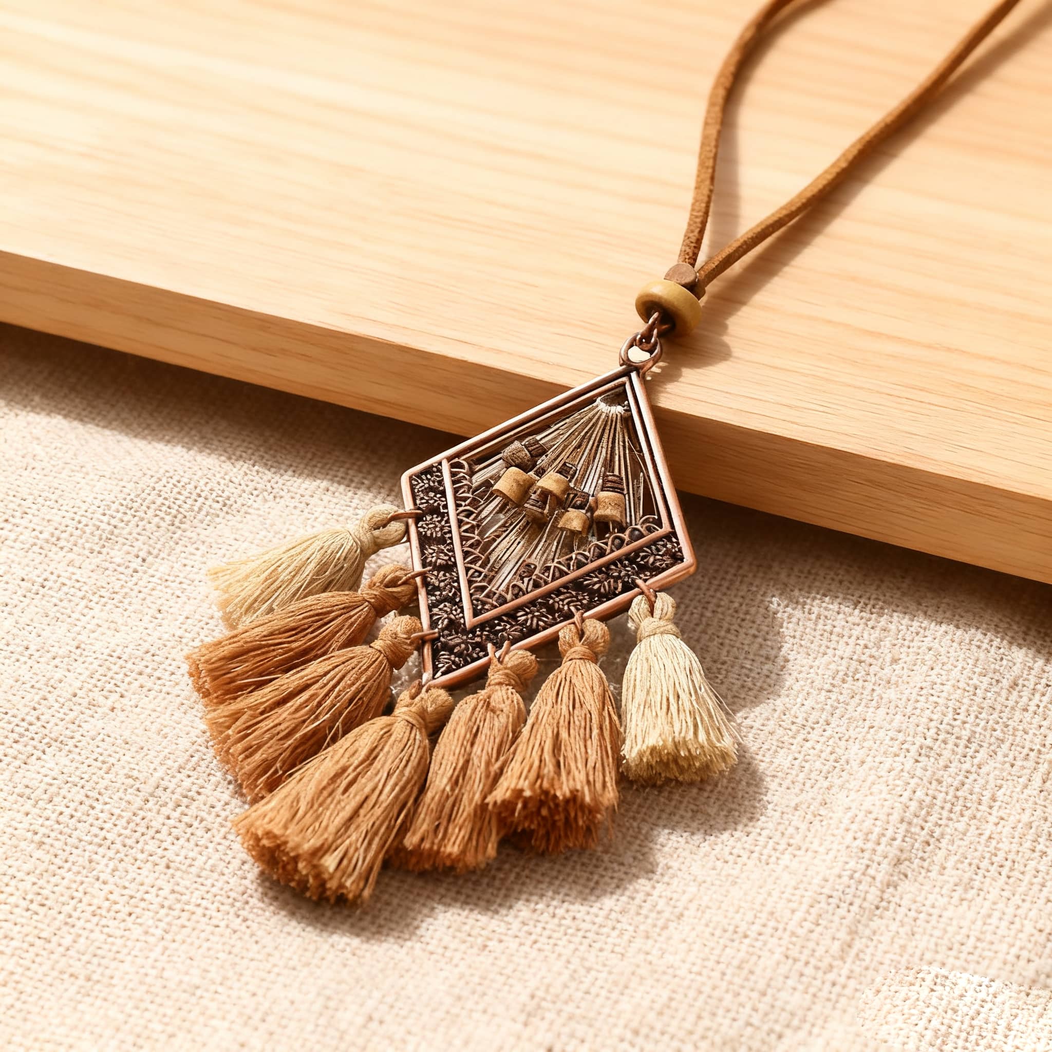 Fringe boho calming necklace with tassels and geometric pendant from 5 Senses for a stylish look