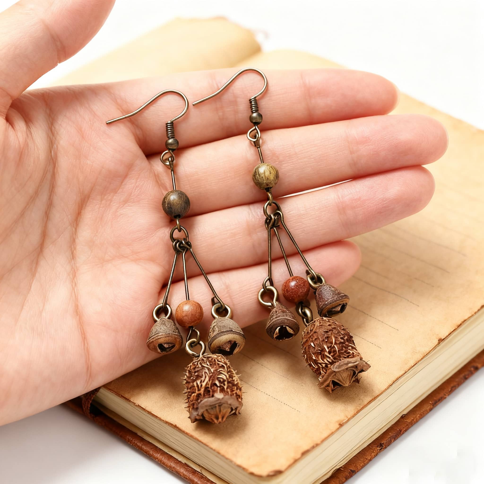 Handmade fruit and berry tassel earrings with decorative natural elements and earthy tones