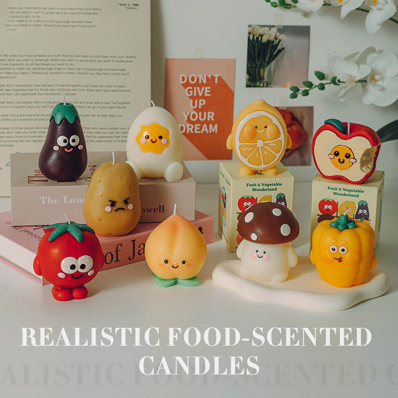 Collection of hyper realistic food candle designs including tomato, eggplant, mushroom, and pumpkin shapes