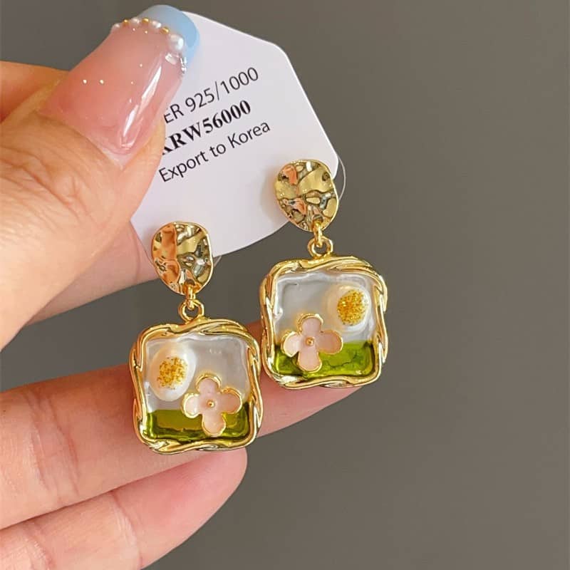 Garden enamel pearl earrings with floral design in gold setting from 5 Senses
