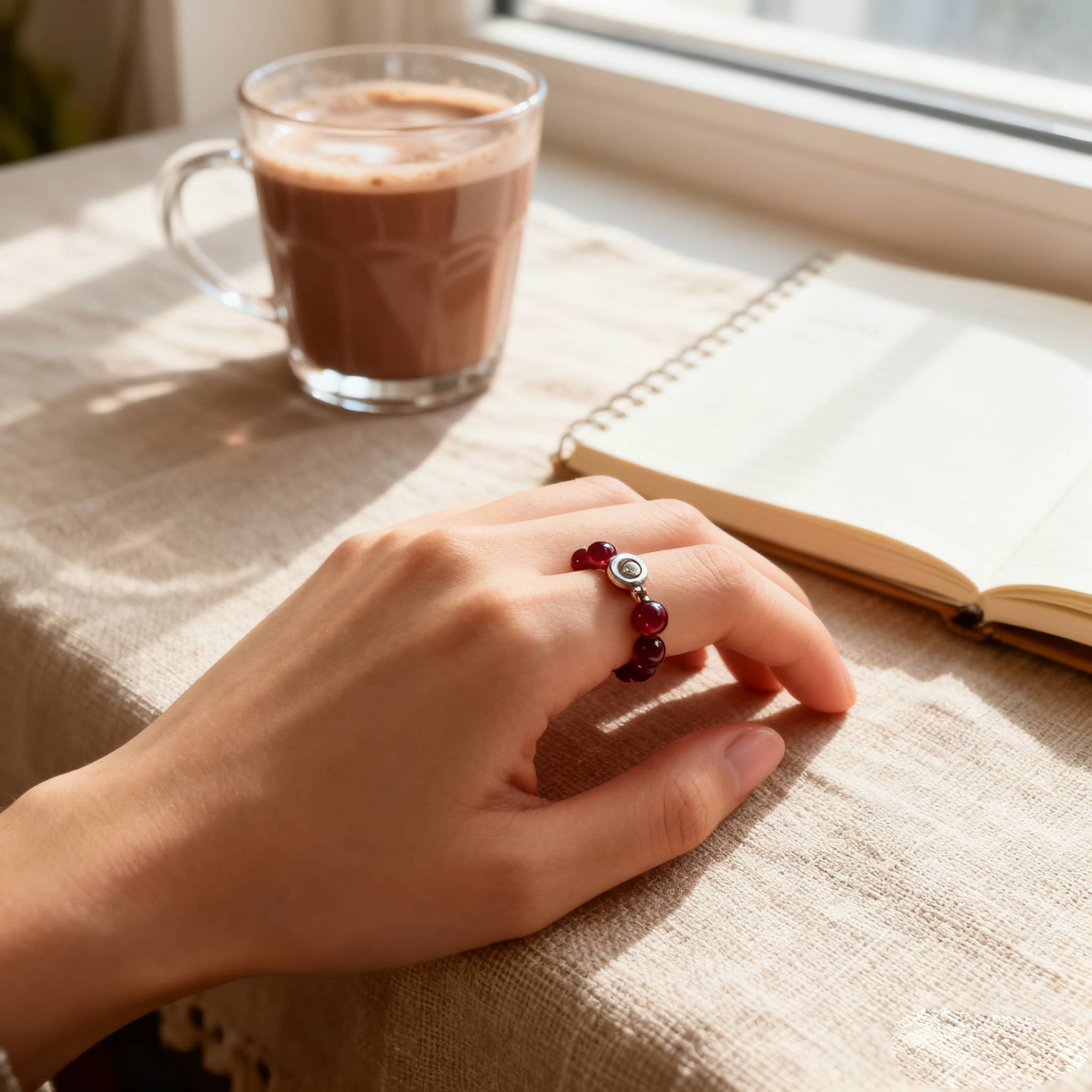 Garnet anxiety ring worn on hand with coffee cup and notebook in cozy setting
