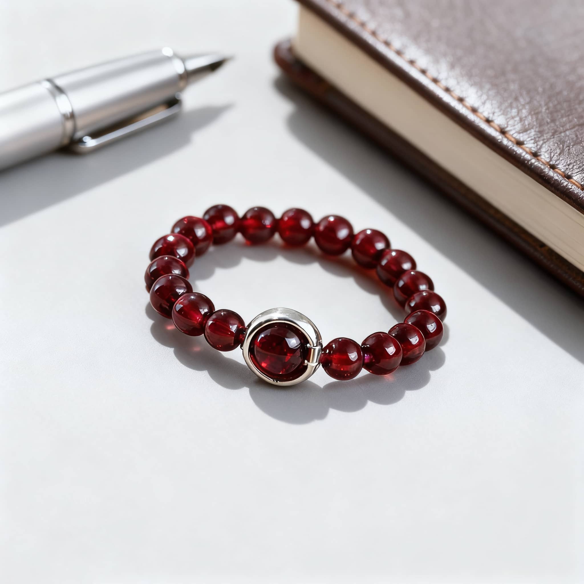 5 Senses garnet anxiety ring with red beads and silver accents on a desk beside a pen and notebook