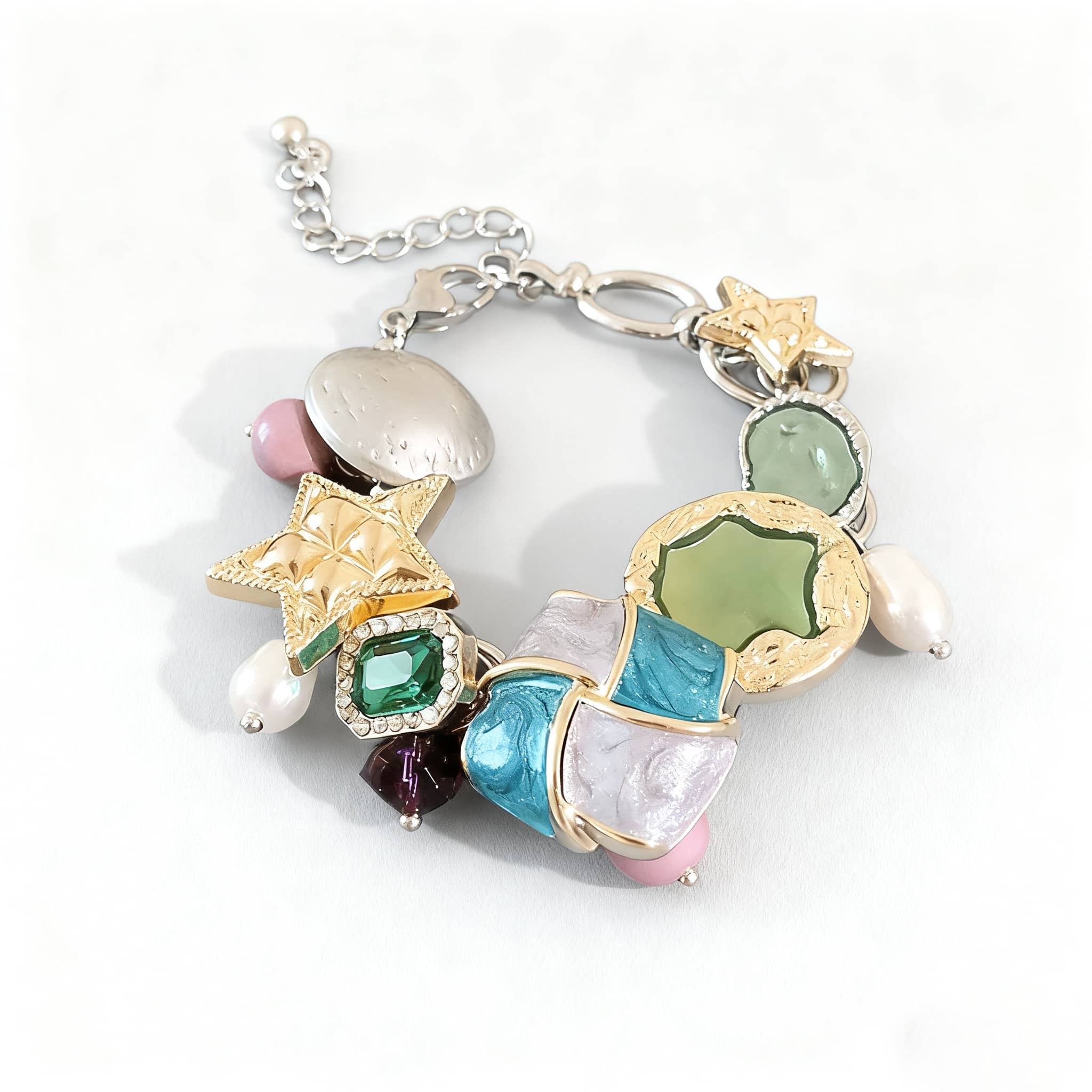 Geometric color-block bracelet by 5 Senses with colorful charms and unique shapes